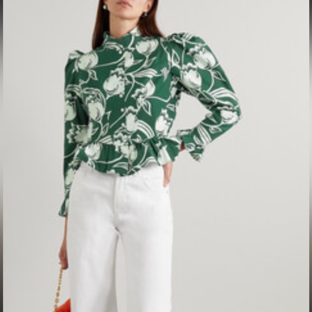 Batsheva Green and White Tulip Puff-Sleeve Blouse